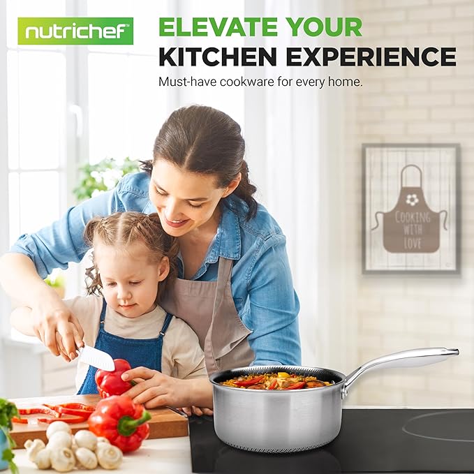 NutriChef 2 QT Stainless Steel Sauce Pot - Triply Kitchenware Sauce Pot with Glass Lid - DAKIN Etching Non-Stick Coating, Scratch-resistant Raised-up Honeycomb Fire Textured Pattern - NutriChef NC3PSP