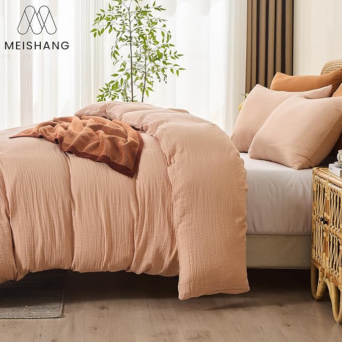 MEISHANG Muslin Duvet Cover Queen Size - 100% Organic Cotton, Soft Textured Gauze Weave Comforter Cover for Breathable All-Season with Zipper Closure - 3 Piece Set (Queen, Cameo Rose)