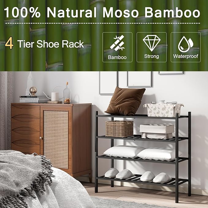 4-Tier Bamboo Shoe Rack for Entryway, Stackable | Heavy Duty | Multi-Function, Free Standing Shoe Racks for Bedroom Hallway Closet（Black）