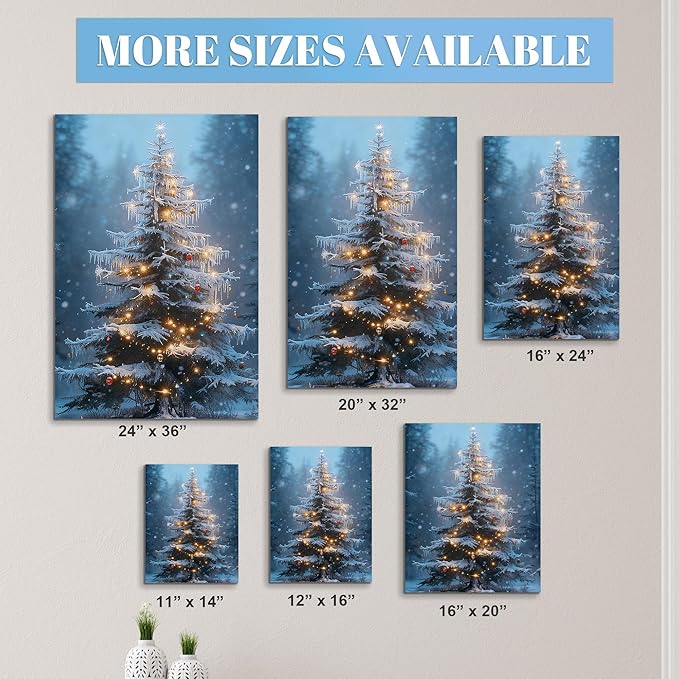 Framed Christmas Pictures Wall Decor,Vintage Pine Tree Prints,Winter Christmas Canvas Wall Art Decoration for Bedroom Bathroom Living Room Rustic Xmas Holiday Gifts (Christmas Tree 15, 12'' X 16'')