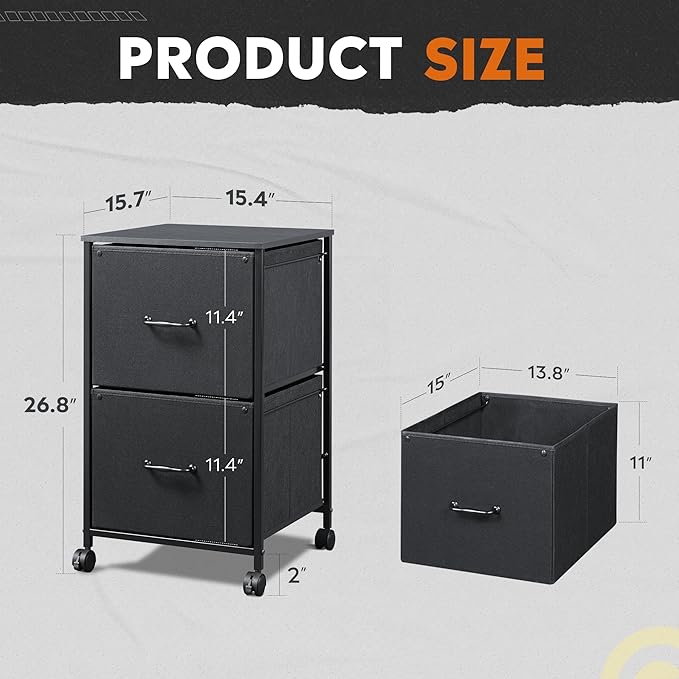 DEVAISE 2 Drawer Mobile File Cabinet, Rolling Printer Stand, Fabric Vertical Filing Cabinet fits A4 or Letter Size for Home Office, Black