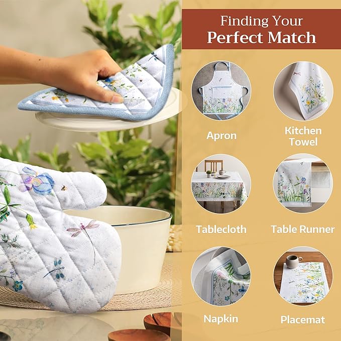 Maison d' Hermine 100% Cotton Oven Mitt & Pot Holder Set (7.5"x13" & 8"x8") Heat Resistant BBQ Cooking Gloves with Loop, Baking, Grilling, Kitchen, Handling Hot Pans Spring/Summer (Fleurs De Mai)