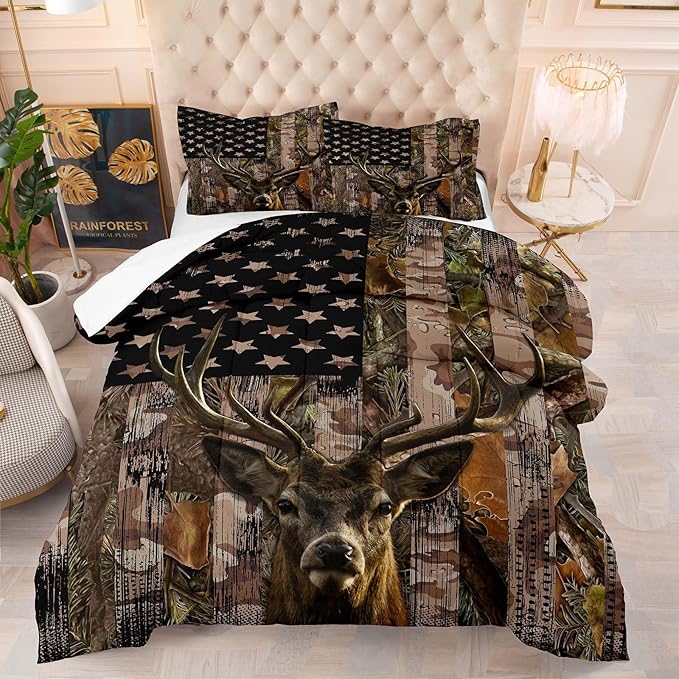 Tailor Shop Deer Comforter Sets for Boys Kids Teens,American Flag Camo Bedding Sets Queen Size Hunting Comforter Sets Woodland Moose Wildlife Forest Bed Set, with 1 Comforter 2 Pillowcase…