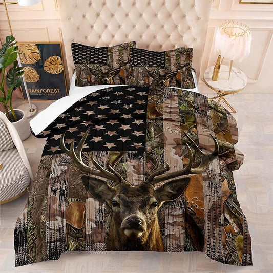 Tailor Shop Deer Comforter Sets for Boys Kids Teens,American Flag Camo Bedding Sets Queen Size Hunting Comforter Sets Woodland Moose Wildlife Forest Bed Set, with 1 Comforter 2 Pillowcase…
