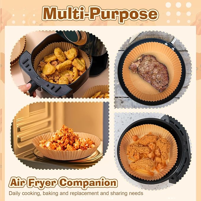 Honeydak 300 Pcs Air Fryer Disposable Paper Liner, Non-stick Air Fryer Liners, Round Parchment Paper for Cooking Baking Oil Proof Microwave Roasting Food Grade Easy Cleanup (6.3 Inch)