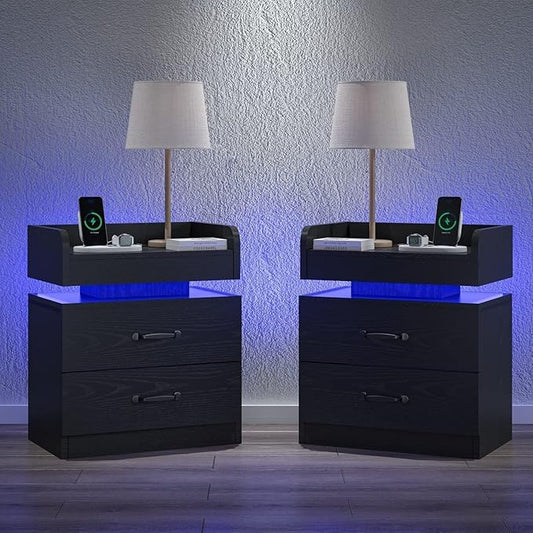 Nightstand with Charging Station, Night Stand with LED Lights, Modern Led End Table, Nightstands Set of 2, Night Stand with 2 Drawers, Bed Side Table with Storage for Living Room, Bedroom (2, Black)