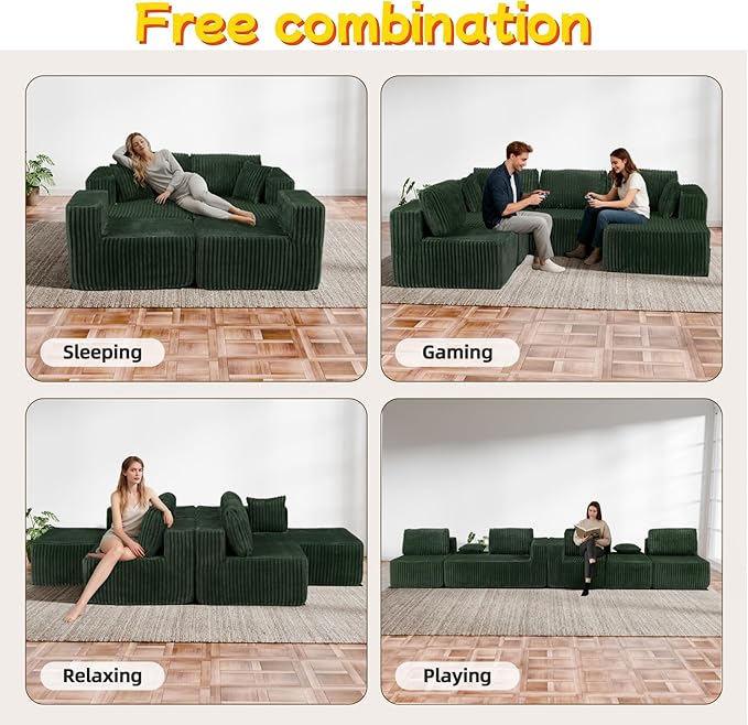 132" U Shaped Boneless Couch, Cloud Sectional Modular Sofa with Double Chaise Lounge, Corduroy Cloud Couch with Pillows & Deep Seat, Boneless Sofa for Living Room, Green