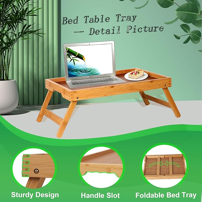 Bed Tray Table for Eating with Folding Legs, Bamboo Breakfast Table in Bed for Eating on Couch, Bed, Laptop Computer Tray(Bamboo, Medium)