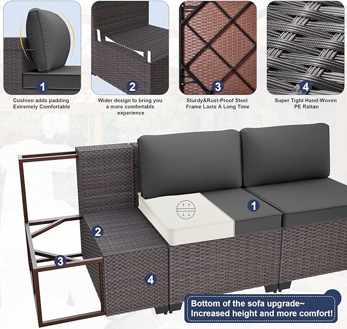 Kurapika 10 Pieces Patio Furniture Set, Rattan Wicker Outdoor Conversation Sets w/43in Propane Fire Pit Table and 4 Inch Cushion(Grey)