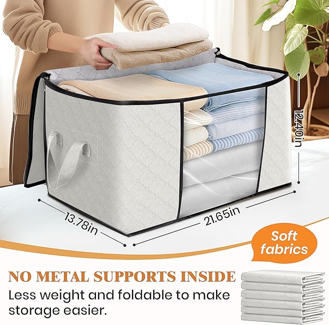 Fab totes 3 Pack Clothes Storage, Foldable Thick Fabric Blanket Storage Bags, Containers for Organizing Bedroom, Closet, Clothing, Comforter,Organization with Handle,Ivory White