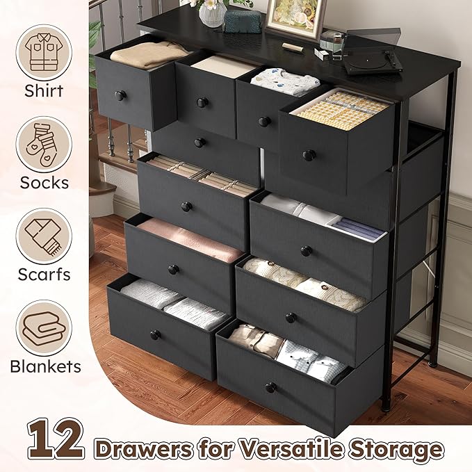 Dresser for Bedroom with 12 Drawers Tall Dressers for Bedroom Fabric Dressers & Chest of Drawers with Sturdy Metal Frame, Wood Top, for Woman, Closet, 40.6" W x 11.8" D x 44.5" H (Dark Grey)