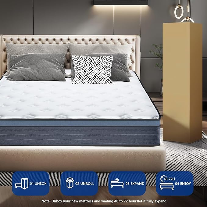 Queen Size Mattress in a Box 12 Inch Hybrid Mattress [Enhanced Stability], Medium Firm Memory Foam and Pocket Spring Construction, Motion Isolation