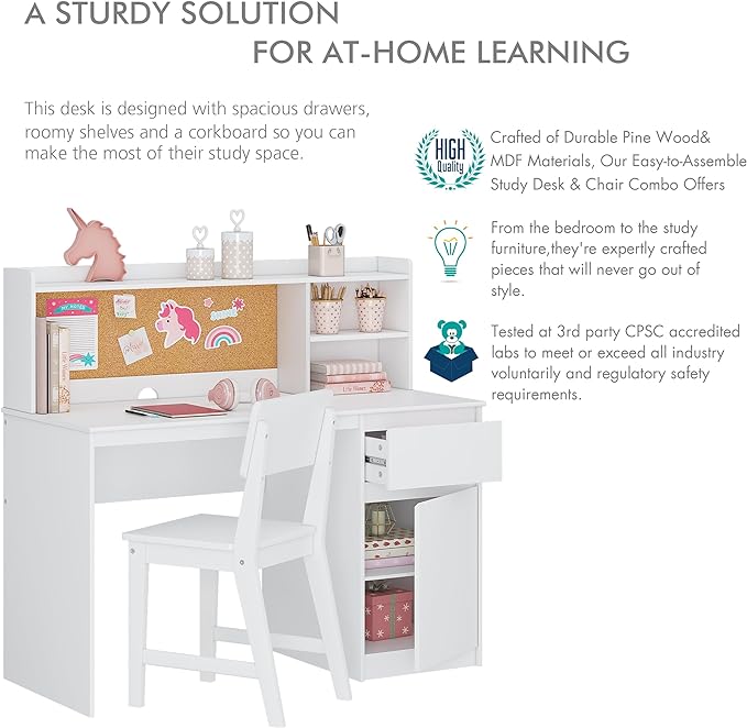 UTEX Kids Study Desk with Chair, Kids Desk and Chair Sets with Hutch and Storage Cabinet, Wooden Children Study Table, Student Writing Table Computer Workstation for 5-12 Years Old