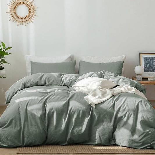 MooMee Bedding Duvet Cover Set 100% Washed Cotton Linen Like Textured Breathable Durable Soft Comfy (Heathered Green, Full 80"x90")