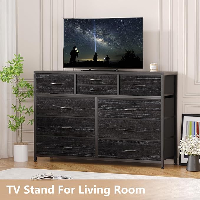 Jojoka Wide 10 Drawer Dresser,TV Stand Entertainment Center Fabric Storage Dressers Drawers for Bedroom, Hallway, Nursery, Closets, Steel Frame, Wood Top, Black Willow