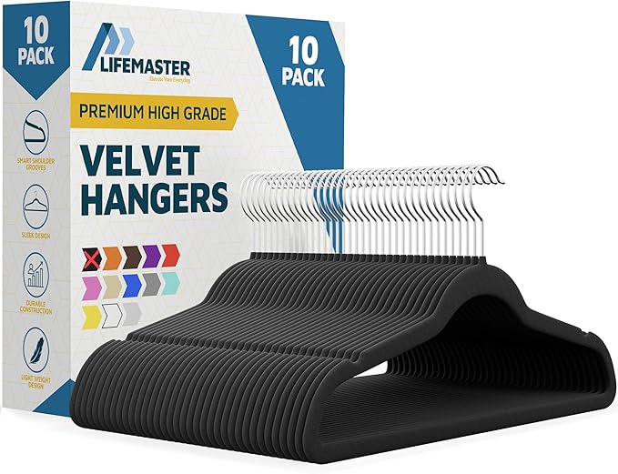 Velvet Clothes Hangers – With 360 Degree Swivel Hook and Non-Slip Shoulder Notch, Holds Up To 10 lbs, Heavy Duty Hanger Set, For Organizing Suit, Dress, Coat, and Clothes, Pack of 10, Black