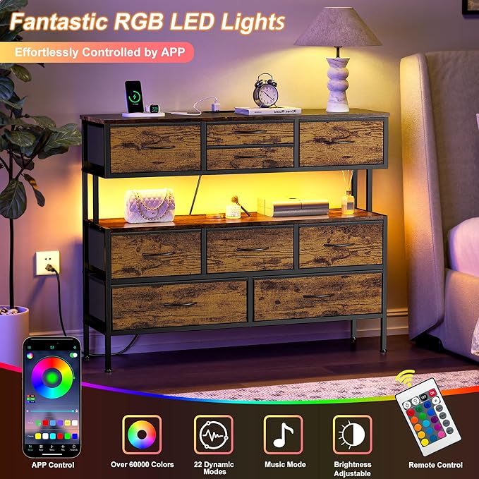 REAHOME Dresser TV Stand with Charging Station and LED Lights, 55” TV Stand Entertainment Center with 9 Drawers, Steel Frame, Large Storage Chest of Drawers for Bedroom, Living Room, Rustic Brown