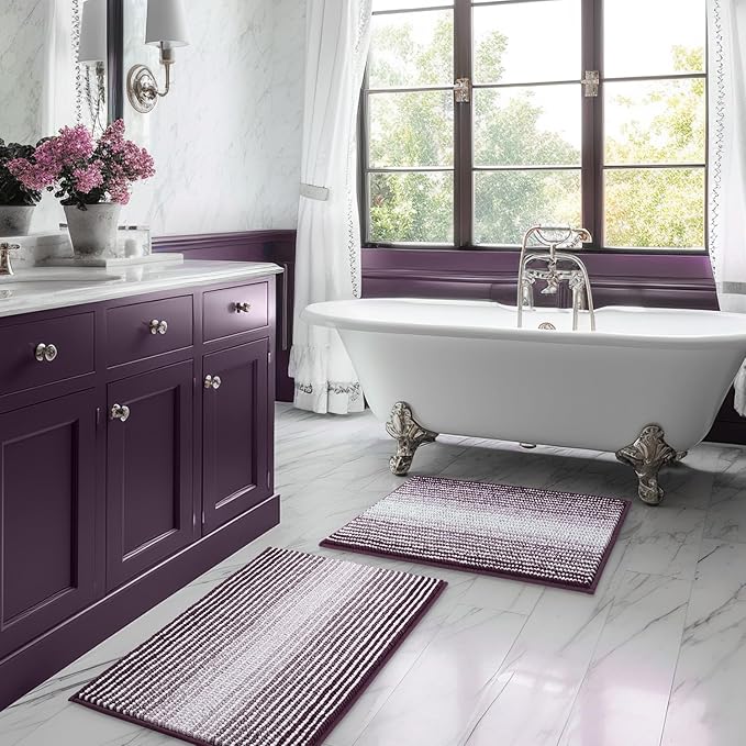 BSICPRO Bathroom Rugs and Mats Sets, 2 Piece Thick Absorbent Chenille Bath Mat Rug Set Non Slip, Soft Shaggy Bath Room Floor Mats for Bathroom, Machine Washable (Mauve Wine, 20" x 32" Plus 16" x 24")