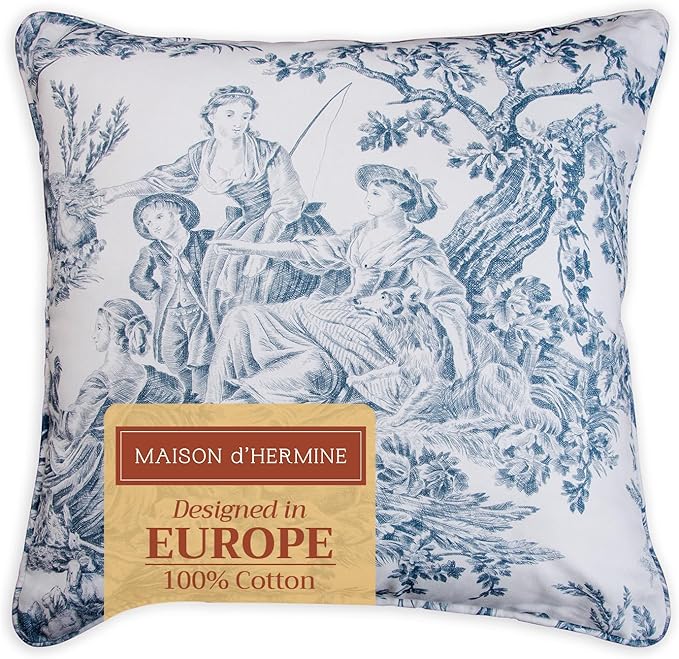 Maison d' Hermine Decorative Pillow Covers 18 x 18 Inch Square 100% Cotton Throw Pillow Covers with Invisible Zipper for Living Room Couch, Chair, Sofas, Bedroom, Home (The Miller - Blue (White))