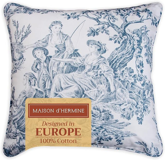 Maison d' Hermine Decorative Pillow Covers 18 x 18 Inch Square 100% Cotton Throw Pillow Covers with Invisible Zipper for Living Room Couch, Chair, Sofas, Bedroom, Home (The Miller - Blue (White))