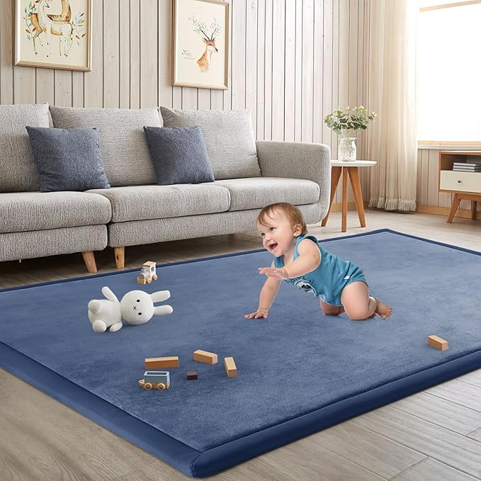 Baby Play Mat for Floor Tummy Time Nursery Muscle Mat Area Rug Playroom Tatami 79"x138" Memory Foam 1.3" Thick Crawling For Babies,Toddlers, Infants, Kids,Floor(Blue)