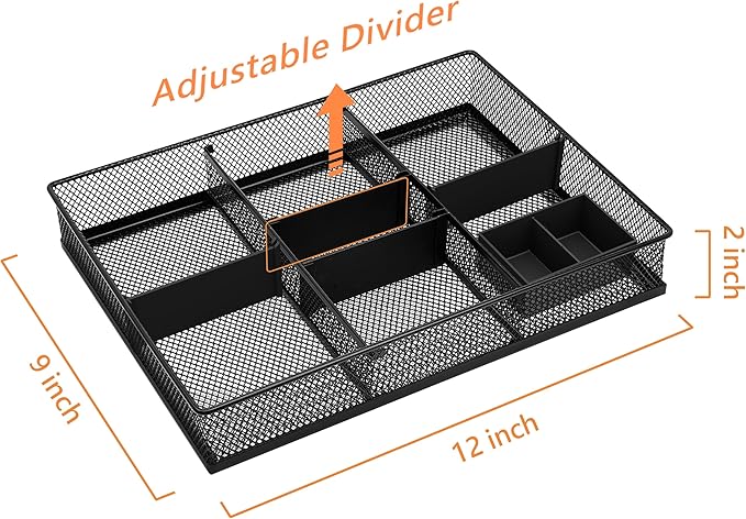 CAXXA Mesh 3 Slot Desk Drawer Organizer with Four Adjustable Dividers - Black