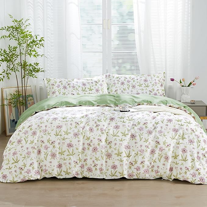 SAPHREAS Lavender Floral Duvet Cover Set Twin Size 2pcs Pink Purple Flower Green Branches Blossom Bedding Comforter Cover Set 100% Cotton 1 Duvet Cover 68"x90" 1 Pillow Sham, Comforter Not Included