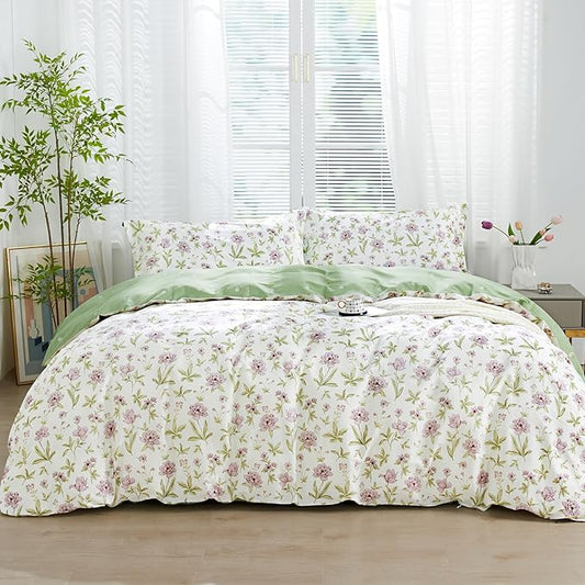 SAPHREAS Lavender Floral Duvet Cover Set Twin Size 2pcs Pink Purple Flower Green Branches Blossom Bedding Comforter Cover Set 100% Cotton 1 Duvet Cover 68"x90" 1 Pillow Sham, Comforter Not Included