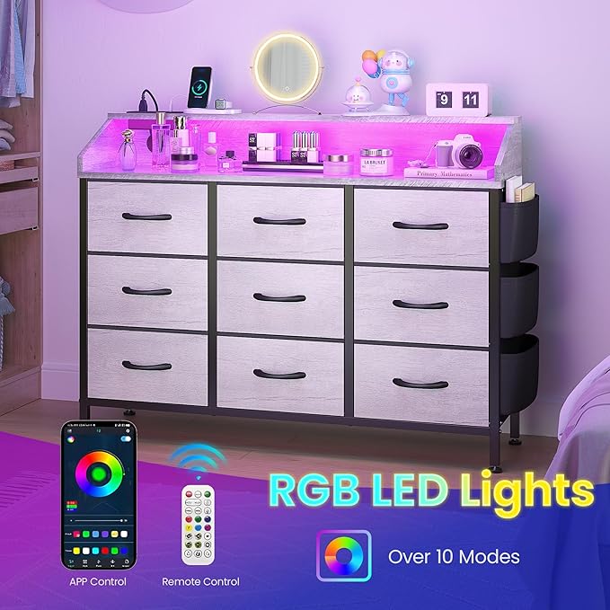 Lulive Dresser TV Stand for Bedroom with 9 Drawers - Chest of Drawers with LED Light & Charging Station - Living Room Hallway Closet Nursery (Grey)