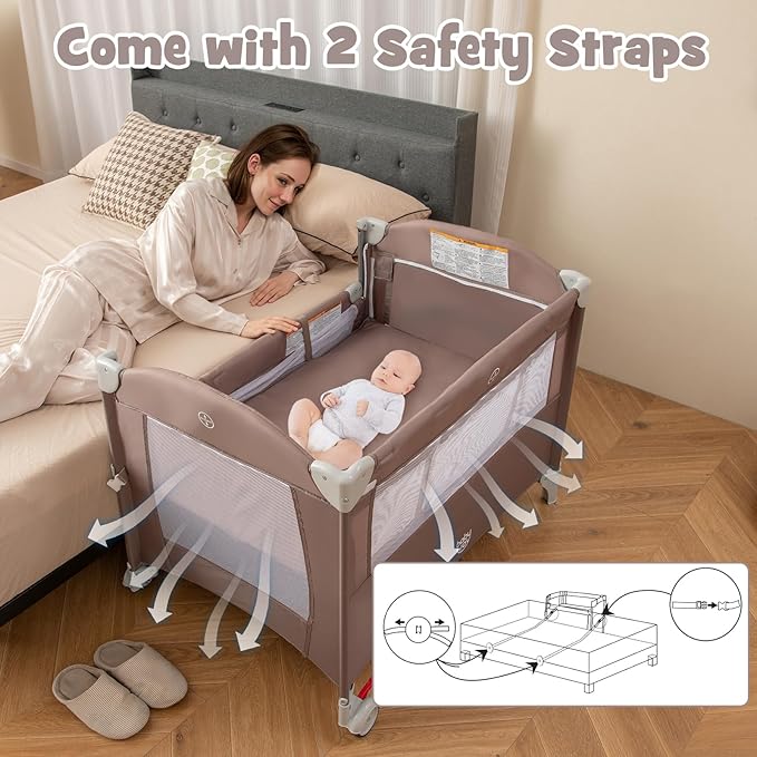 BABY JOY 5-in-1 Pack and Play, Portable Baby Bedside Sleeper with Bassinet, U-Shaped Diaper Changer, Safety Strap, Side Zipper Entrance, Bedside Crib Playard from Newborn to Toddlers (Coffee)