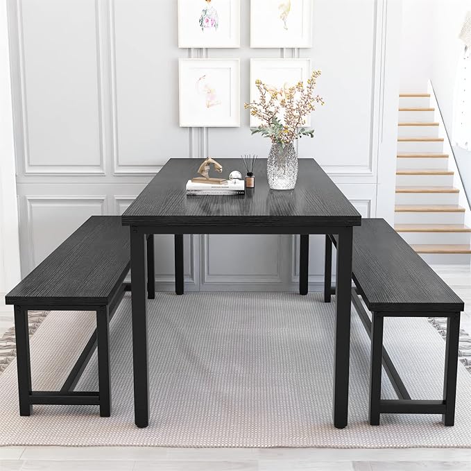 Recaceik 47” Dining Table Set with Benches, 3 Pieces Dining Room Table Set for 4, Wood Kitchen Table and Chair Set with Sturdy Frame, Space Saving Dinette Set for Breakfast Nook, Dining Room, Black