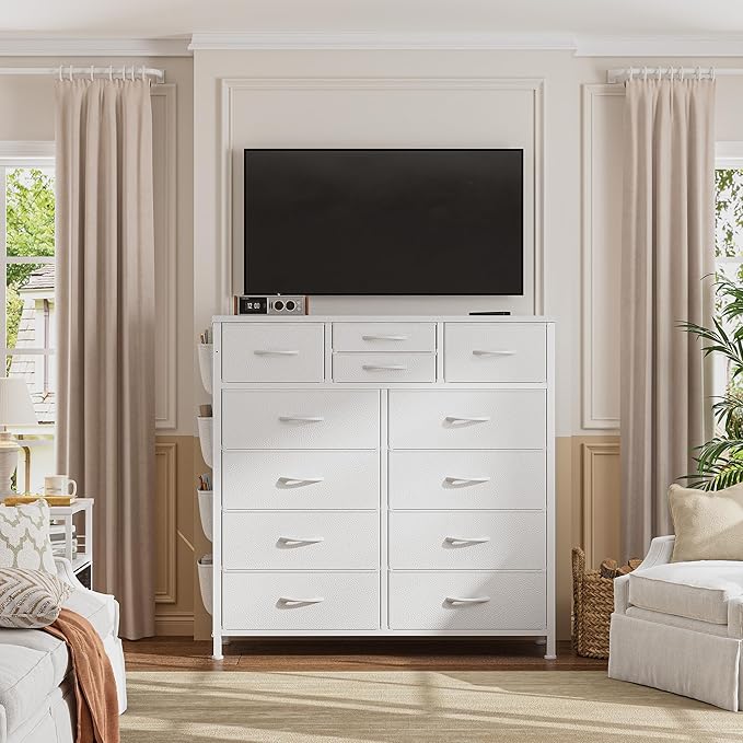 EnHomee Dresser for Bedroom with 12 Drawers, Tall Dressers & Chest of Drawers with Side Pockets, Fabric Dresser for Bedroom, Closet, Hallway, Living Room, Sturdy Metal Frame, Wood Top, White