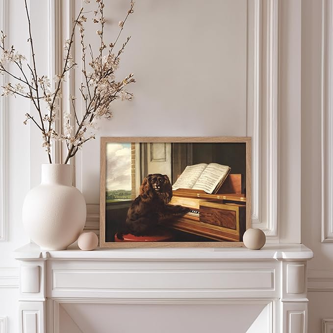 Poster Master Vintage Portrait of an Extraordinary Musical Dog Poster - Retro Dog Print - Puppy Art - Music Art - Piano Art - Animal Lover Art - Living Room or Office Decor, 11x14 Beige Framed