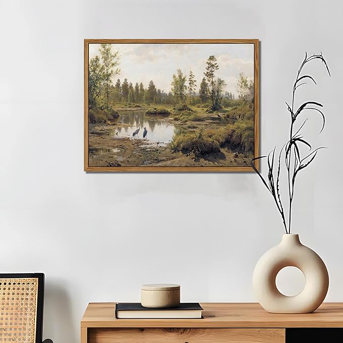 Floating Framed Canvas Wall Art Vintage Decor - Tranquil Marsh Landscape Wall Decor, Countryside Farmhouse Scenery Paintings Prints for Living Room Bedroom Office Decoration 12x16 inch