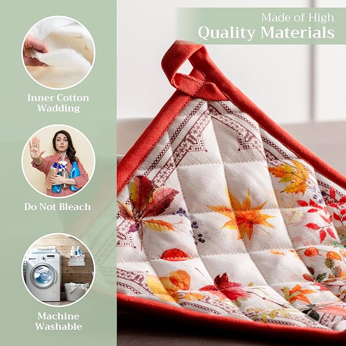 Maison d' Hermine Pot Holders Set 100% Cotton Heat Resistant Potholders 8" x 8" Hot Pads with Loop for Thanksgiving Christmas Decorations BBQ Cooking Baking Handling Hot Pans (Pack of 2, Amarante)
