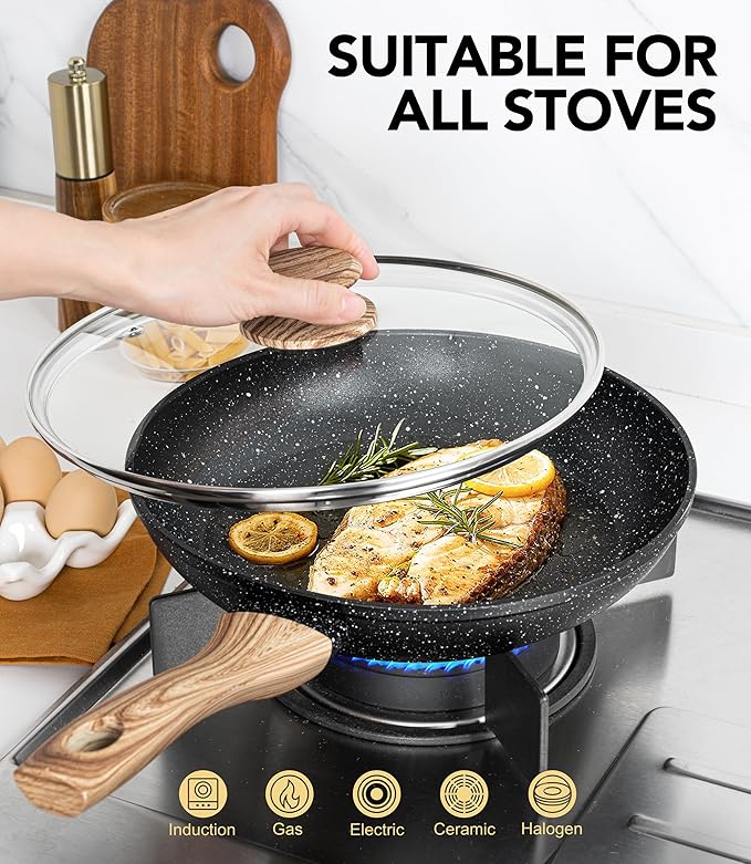 MICHELANGELO Non Stick Frying Pans - 12 Inch Nonstick Frying Pan with Glass Lid, Large Stone Fry Pan with Ergonomic Handle, Induction Compatible, Black