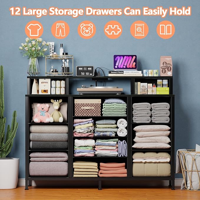 Furnulem Black Dresser for Bedroom with LED Lights & Charging Station,47"W Dressers in Closet,Long Chest with 12 Storage Drawers,TV Stand Fabric Furniture for Hallway,2-Tier Shelf Wood Top,Metal Frame