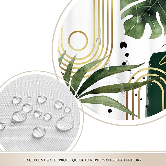 Glawry Green Gold Boho Mid Century Shower Curtain Abstract Tropical Plant Minimalist Modern Geometric Palm Leaf Arch Bathroom Simple 60Wx72L Inches Bath Accessories Art Home Decor Fabric 12 Pack Hooks
