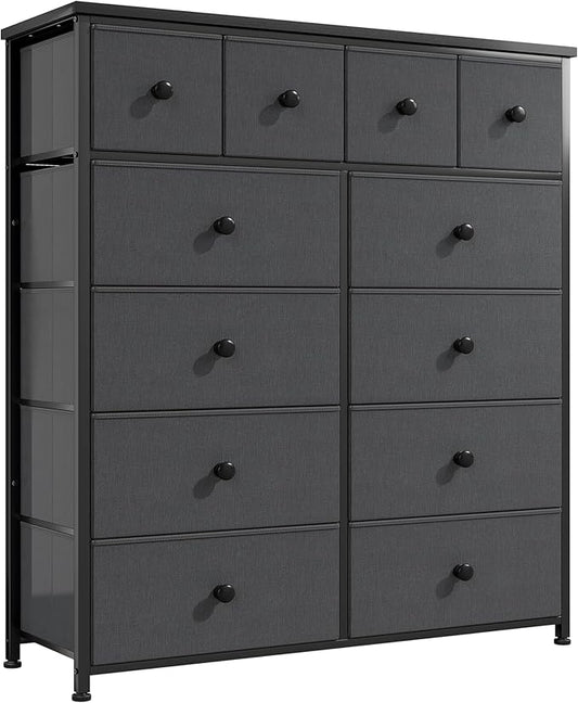 Dresser for Bedroom with 12 Drawers Tall Dressers for Bedroom Fabric Dressers & Chest of Drawers with Sturdy Metal Frame, Wood Top, for Woman, Closet, 40.6" W x 11.8" D x 44.5" H (Dark Grey)