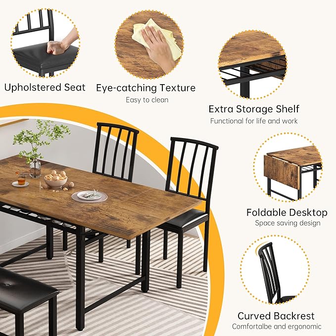 Lamerge 4-Piece Dining Table Set for 3-6 People, 63" Extendable Kitchen Table Set with 1 Bench and 2 Backrest Chairs, Faux Wood Table Square Dining Table Set with Drop Leaf for Small Space