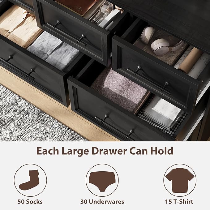 Black Farmhouse Dresser for Bedroom, 10 Chest of Drawers, 59" Wide Chest of Drawers with Brushed Metal Handle, Wood Closet Organizers and Storage Cabinet for Bedroom, Living Room, Hallway