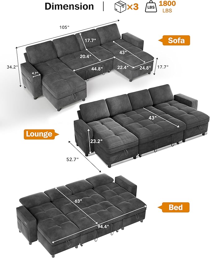 Vipbear Sleeper Sectional Sofa, 105" U Shaped Couch with Pull Out Bed, Convertible Chenille Cloud Sofa with Reclining Backrest | Double Storage Chaise | USB Ports | Tool-Free Assembly | Grey