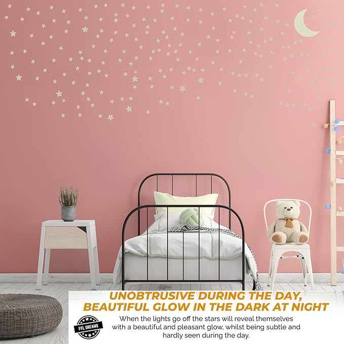 Glow in The Dark Stars and Moon, Realistic No Dots No Squares Set. Star Shaped Stickers and Moon, Luminous Adhesives for Room, Wall, Bedroom, Light up Your Ceiling and Living Room