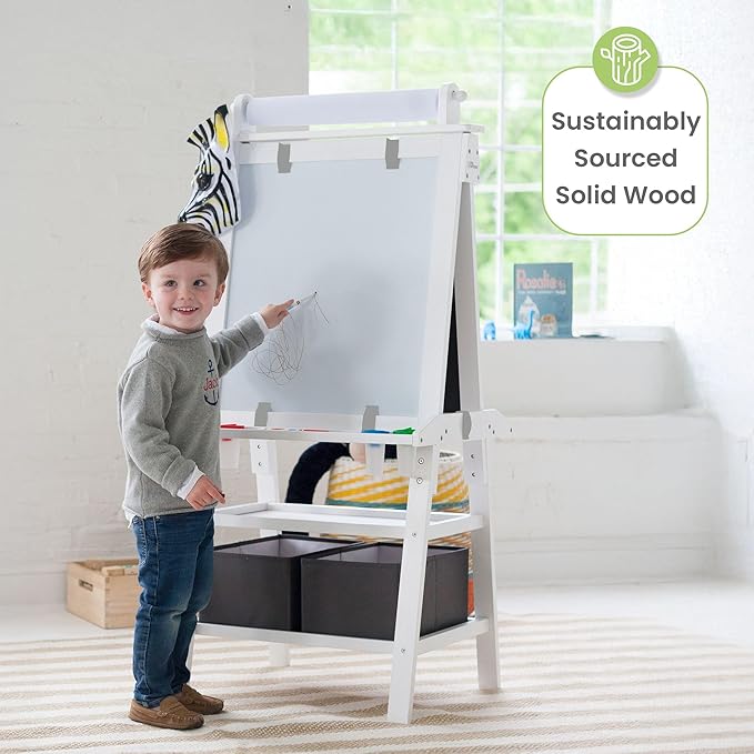 Little Partners Deluxe Learn 'N Play Toddler Easel for Kids, Two-Sided Art Center with Chalkboard, Magnetic Dry Erase Whiteboard, Paper Feed, Storage Bins, Paint Containers (Soft White)
