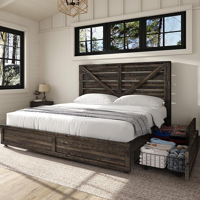 AMERLIFE Full Size Farmhouse Bed Frame with 4 Drawers, Wooden Storage Bed Frame with Headboard and Heavy Duty Metal Slats, Noisy Free, Easy Assemble, Rustic Black
