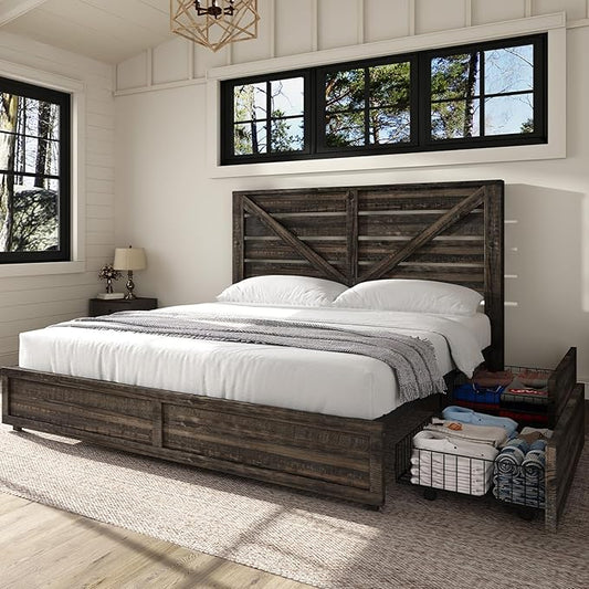 AMERLIFE Queen Size Farmhouse Bed Frame with 4 Drawers, Wooden Storage Bed Frame with Headboard and Heavy Duty Metal Slats, Noisy Free, Easy Assemble, Rustic Black