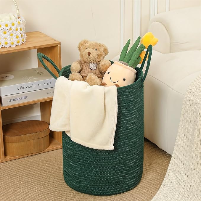 60L Large Woven Laundry Basket Hamper, 100% Natural Cotton Rope, Handwoven & Durable, Storage for Blankets, Toys, Clothes, Decorative Nursery Hamper for Living Room, Baby Room, Bedroom (Dark Green)