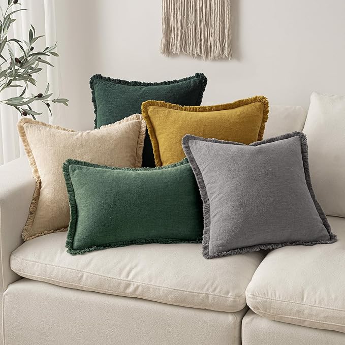 MIULEE Decorative Throw Pillow Covers Neutral Linen Fringe Throw Pillows Set of 2 Army Green Boho Farmhouse Cushion Covers with Tassels for Couch Sofa Bed Living Room Spring Home Decor 20x20 Inch