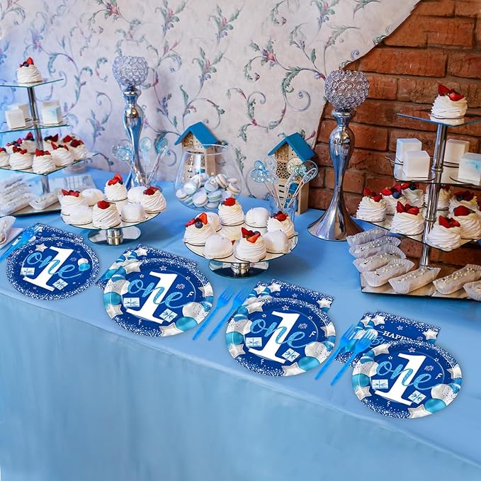 96 Pcs Boy 1st Birthday Party Plates Napkins Tableware Set Blue One Year Old Supplies Disposable Dinnerware Baby Boy 1st Birthday Party Decoration Favors for Baby First Birthday Supplies, 24 Guests