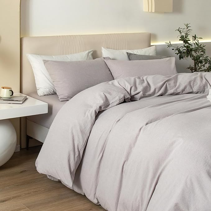 JIYUAN 100% Washed Cotton Duvet Cover Set 3 Pieces Queen, 1 Duvet Cover 90x90 Inches(Comforter Not Included) and 2 Pillowcases,Linen Feel Bedding Set Comfy and Breathable, Heathered Linen